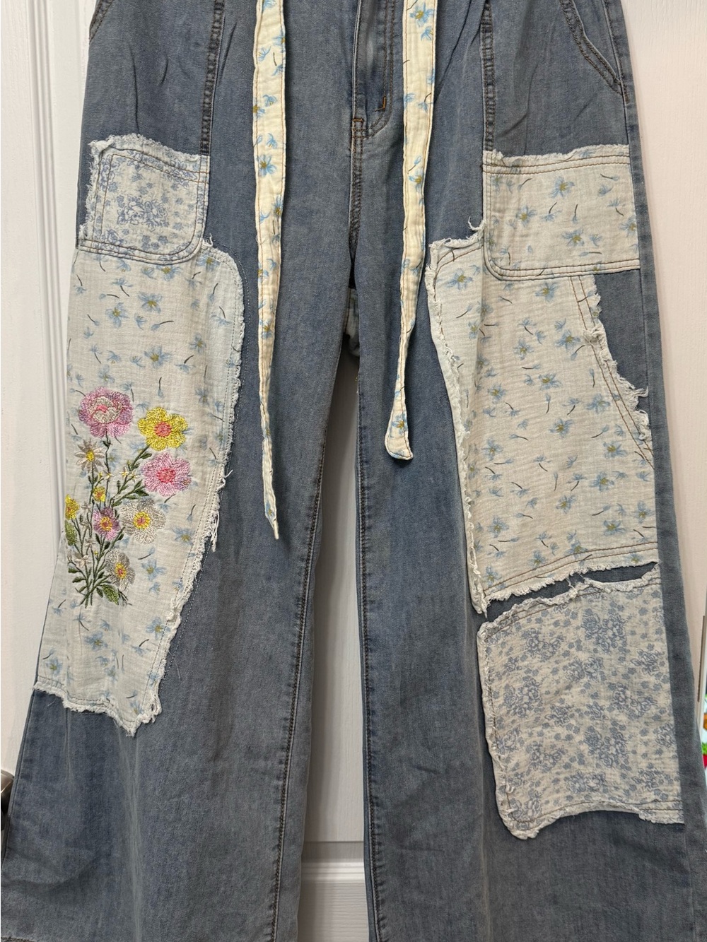 POL Blue Denim Wide Leg Jeans with Floral Patchwork